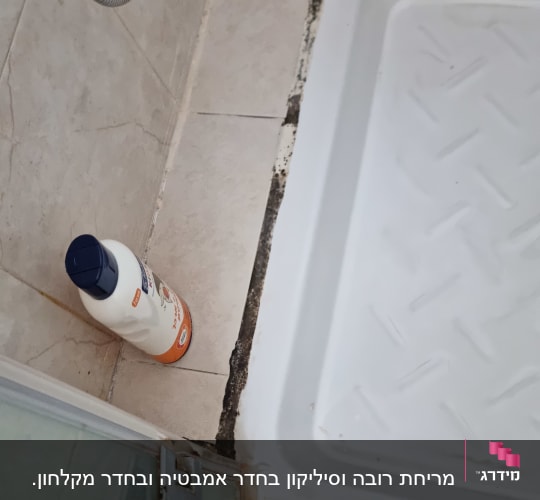עובש שחור בחיבורי אגנית המקלחון לפני תיקון איטום